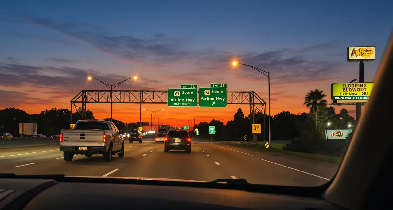 Airline Highway signs and Louisiana traffic at sunset, viewed through a vehicle windshield.