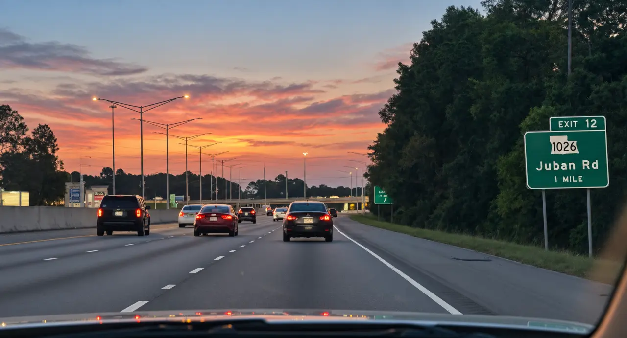 Juban Road exit sign along a Louisiana highway at sunset, viewed through a vehicle windshield.