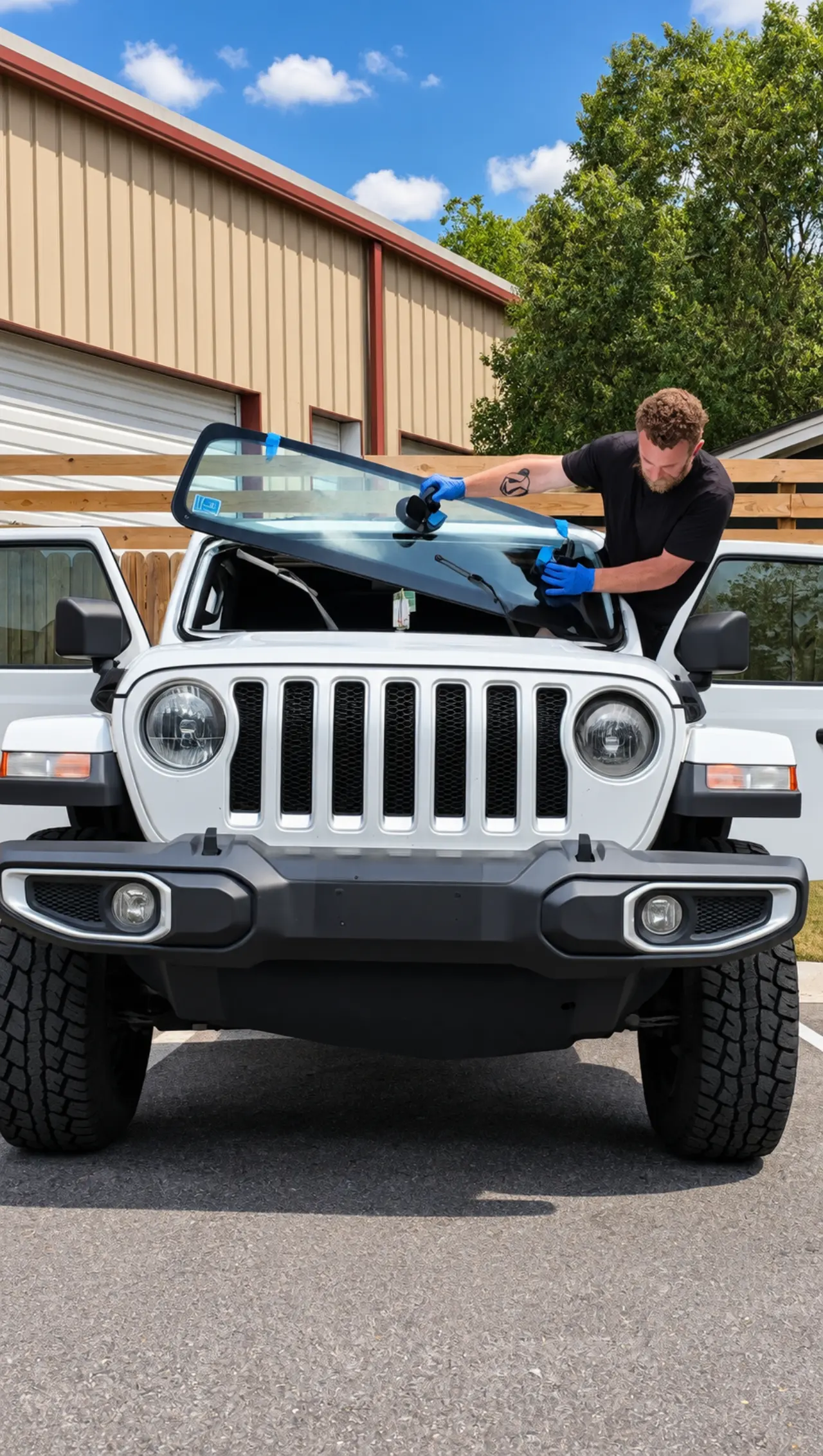 Auto-glass installer carefully positioning a replacement windshield on a Jeep.